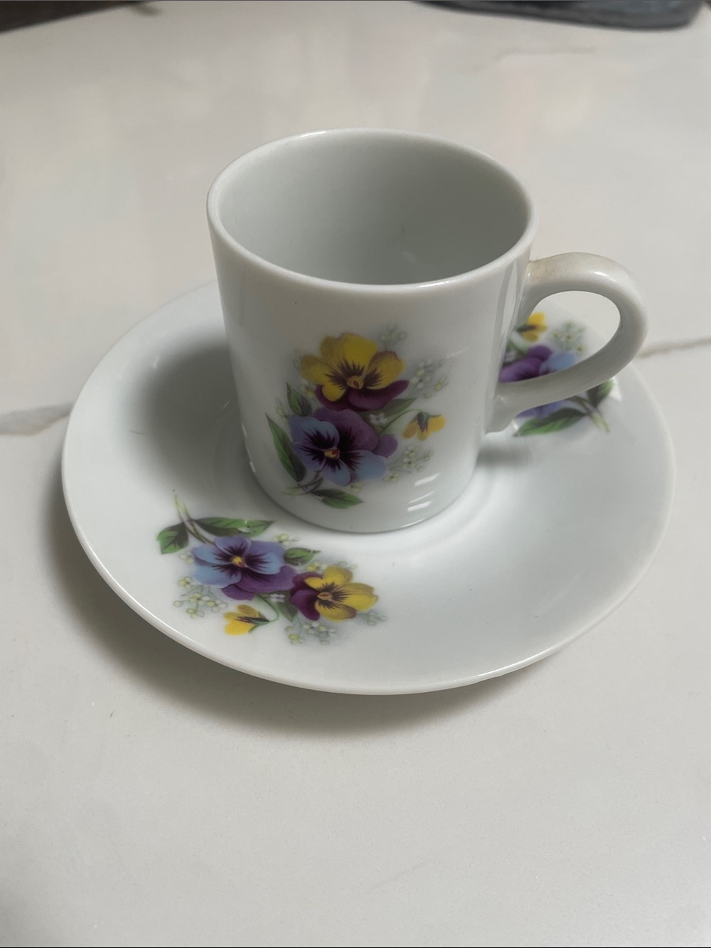 Espresso Cup and Saucer Set with Purple & Yellow Floral Design
